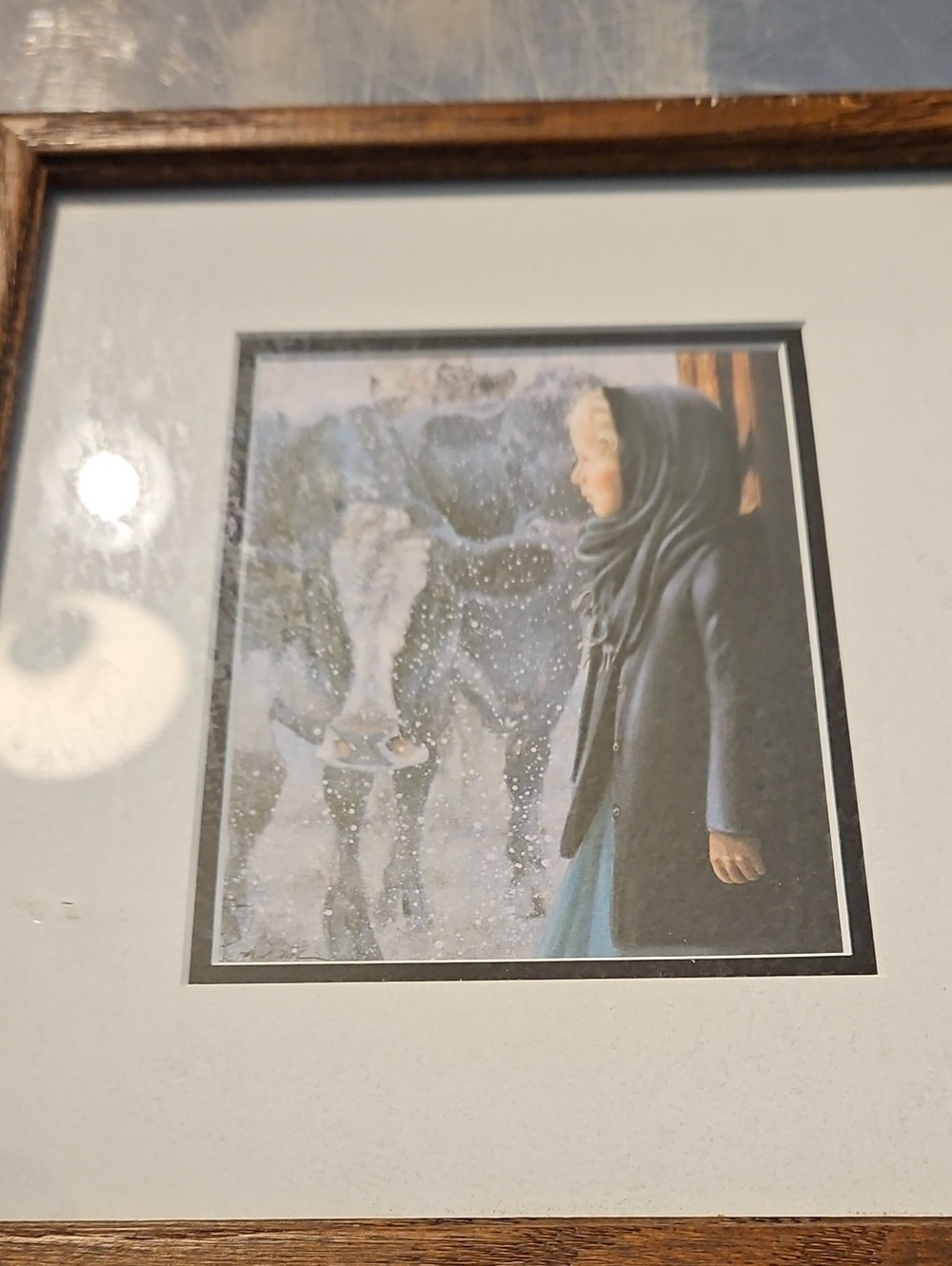 Noelle Framed Winter Artwork with Girl in Blue Coat V44